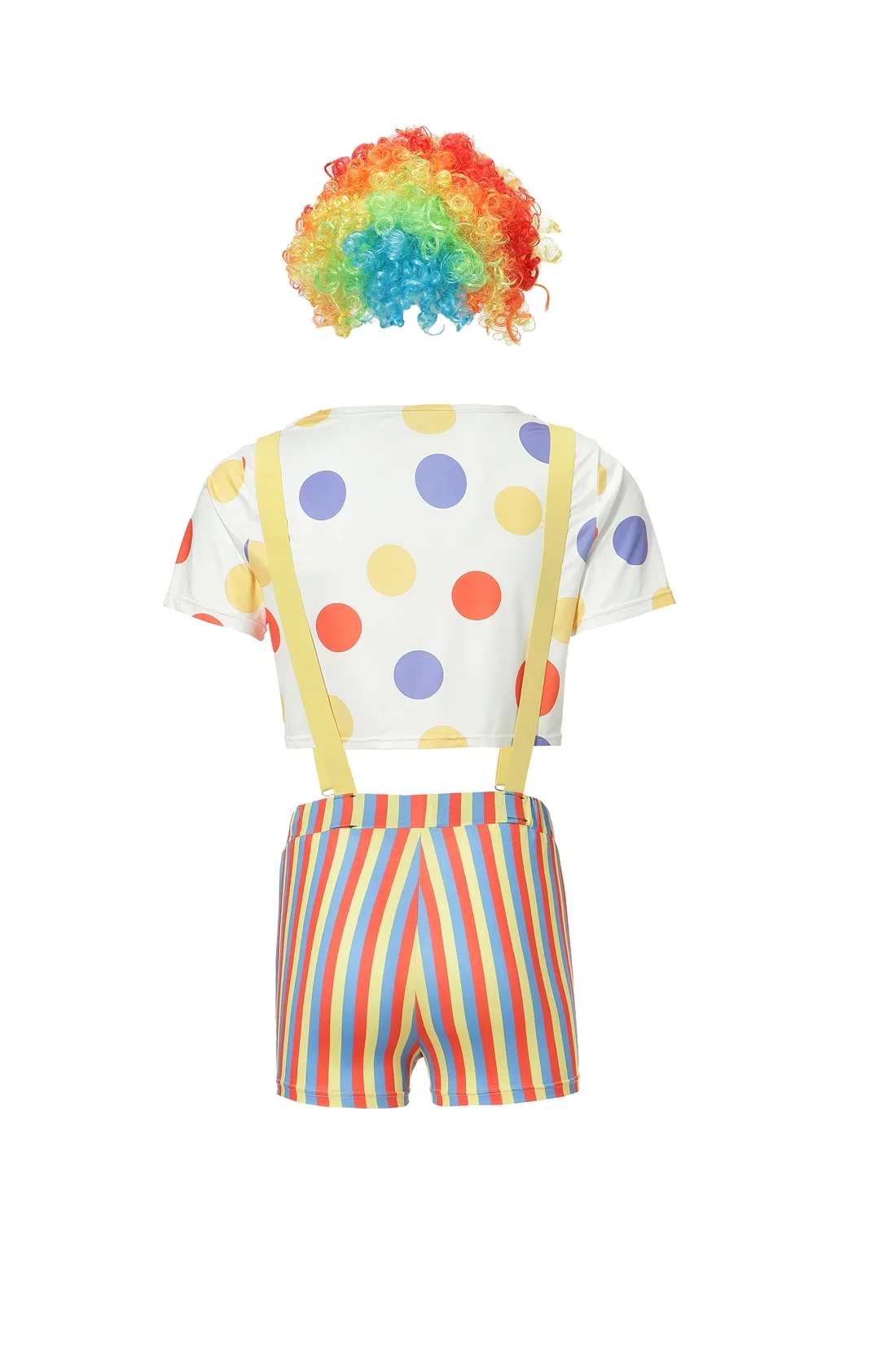 Funny Circus Clown Suits Attached Wig Bow Collar Red Nose