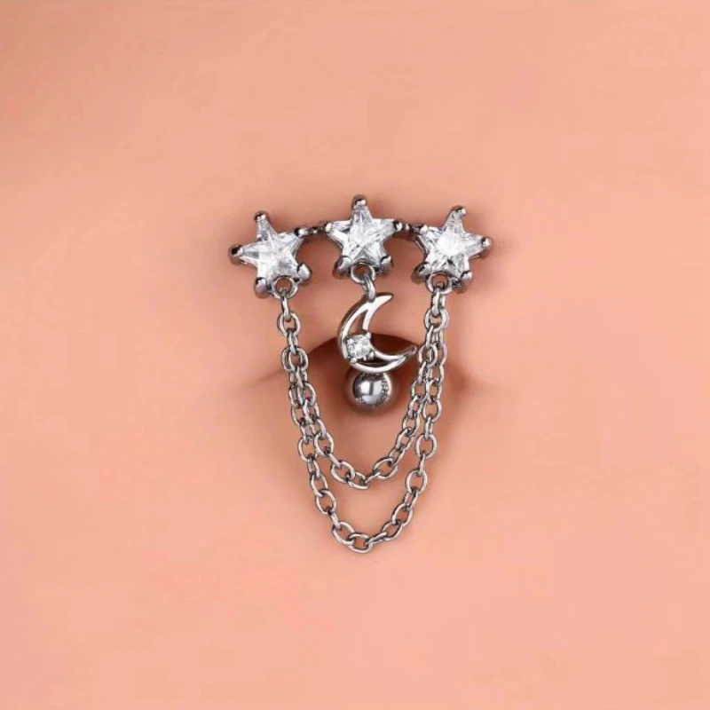 1pc woman with a stainless steel navel featuring stars and the moon design, and a vintage perforated navel nail wearing jewelry