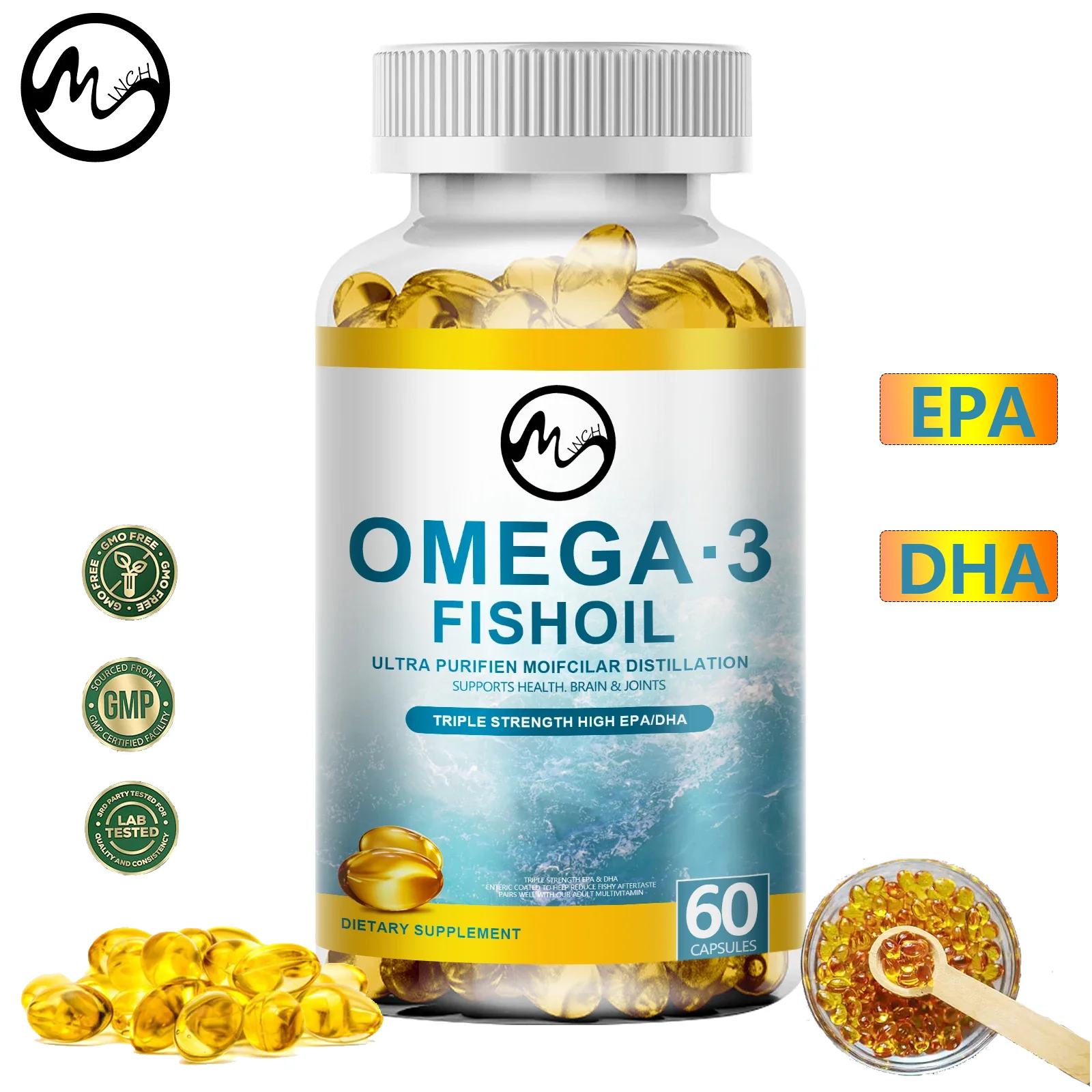 

Minch Omega 3 Fish Oil Capsules Support Brain Nervous System Good Cardiovascular & Anti-Inflammation & Skin Health Antioxidant