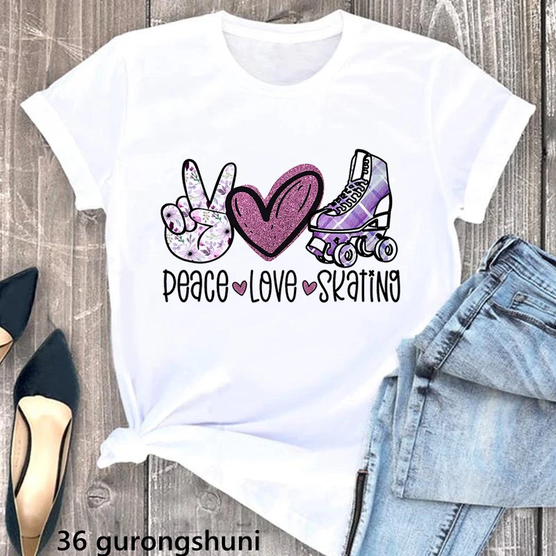 

Watercolor Peace Love Skating Graphic Print Tshirt Girls Roller Skating Enthusiast T Shirt Women Funny T-Shirt Female Wholesale