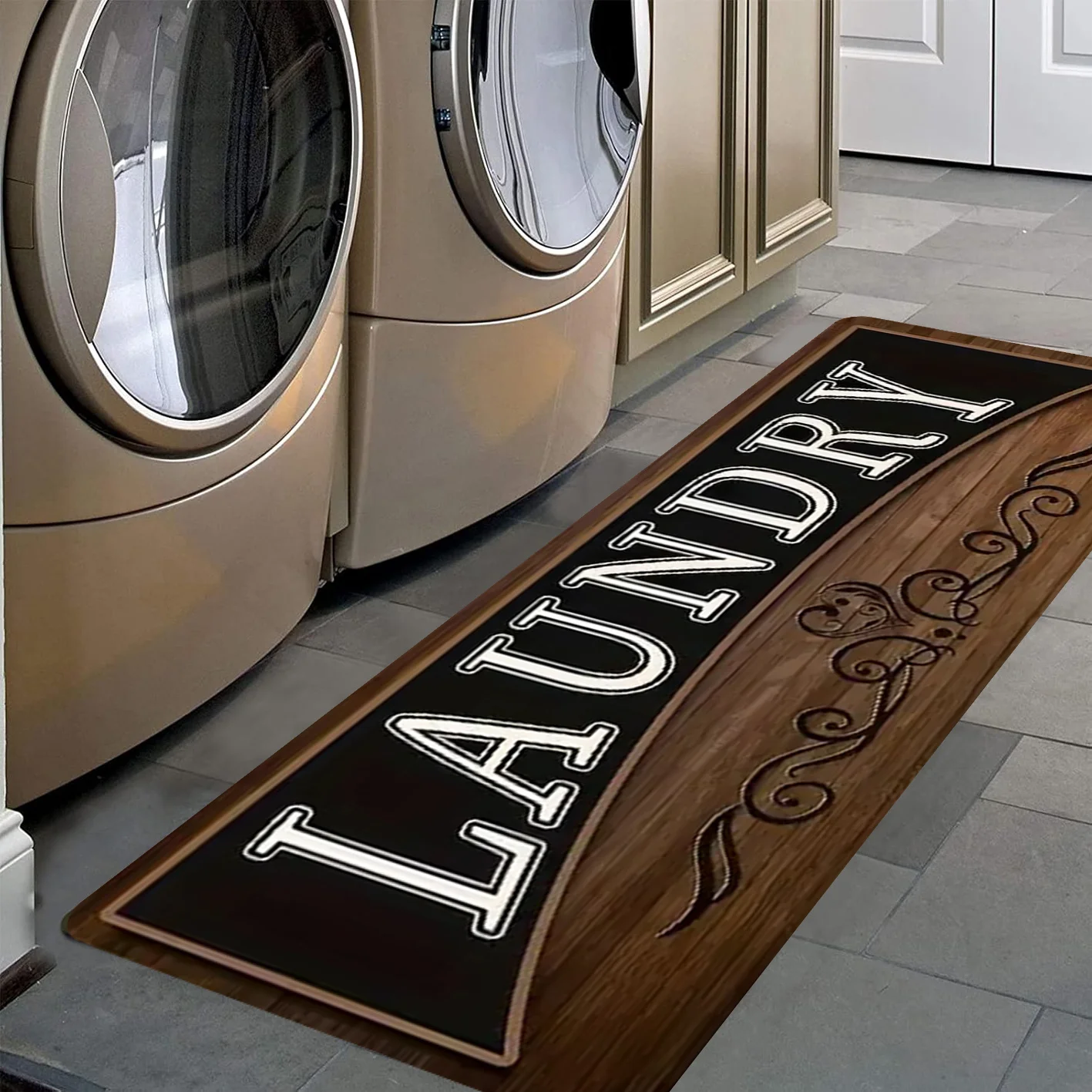 VIKAMA Retro Wood Grain LAUNDRY Letter Long Strip Carpet, Non Slip Laundry Room Mat, Kitchen Decoration Floor Mat, Home Decor