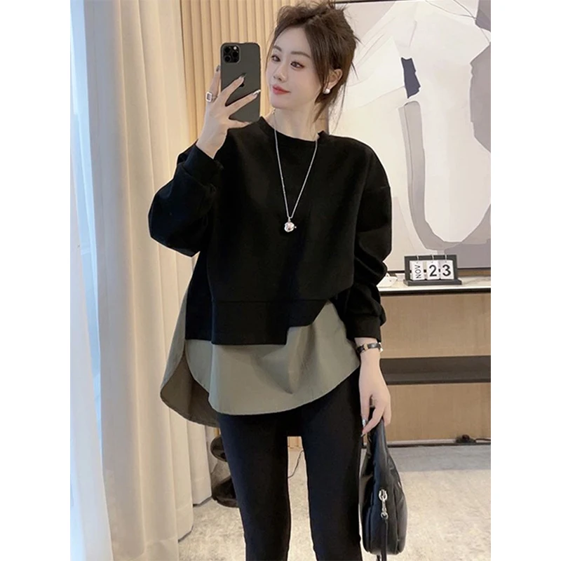 

plus Size 300 Pou Women's Sweatirt round Ne Fake Two-Piece Loose Meat Concealing Top Korean Sle Autumn Casual Wear