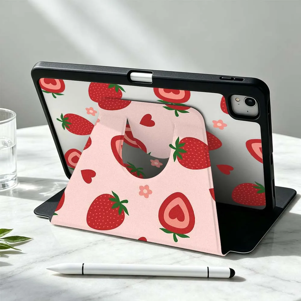 Cartoon Strawberry Heart For iPad Pro Air mini 6 5 4 12th M5 M4 M3 M2 A16 A17Pro 360° Rotation Stylus Storage Tablet Case