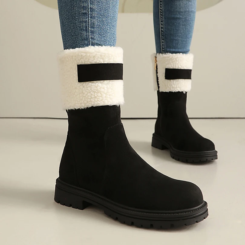 Plus Size Lambskin Fur Splicing Frosted Velvet Round Toe Anti Slip TPR Sole Short Boots Thick Plush Lining Side Zipper Snow Boot