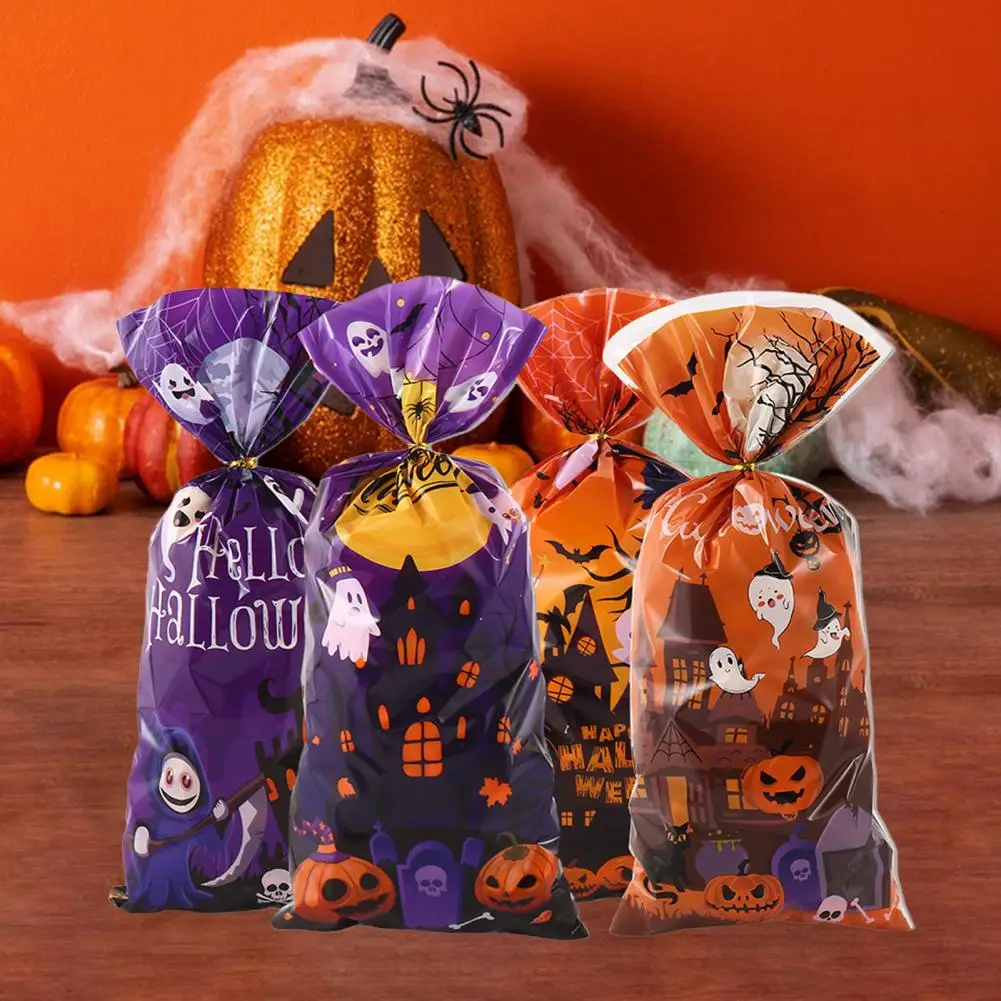 100 Pcs Halloween Candy Bag Ghost Pumpkin Castle Treat Bag Leak-Proof Food Storage Holder for Candy Cookie Biscuit Snack