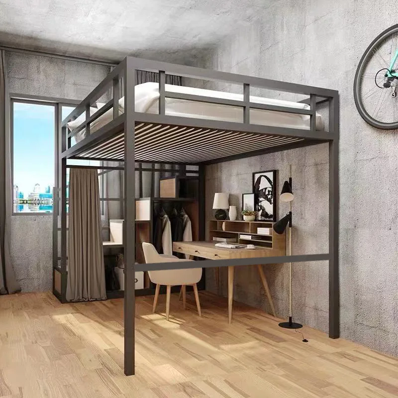 Upper and lower floors elevated wrought iron bed, household duplex economical iron frame bed apartment hotel space-saving iron