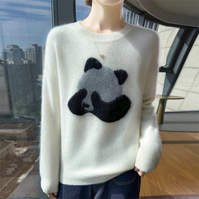 

Осень и зима, новый женский шерстяной пуловер с длинным рукавом и круглым вырезом, гигантский узор панды, базовый стиль, мягкий свободный топ высокого качества