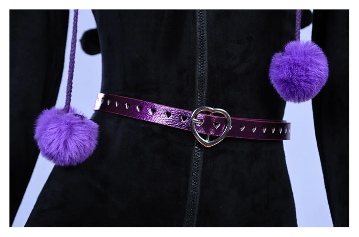 Halloween Devil‑Themed Cosplay Bodysuit, Black Purple Fuzzy Hooded Jumpsuit with Paw Print, Pom‑pom Decor for Party Role‑Play