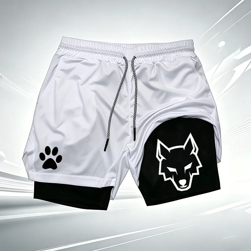 Herren 2-in-1 Schnelltrocknende Sportshorts mit Wolfs-Pfoten-Muster, Kompressionsfutter, für Fitnessstudio, Laufen, Training, Fitness, kurze Hosen W002 – Detail 3