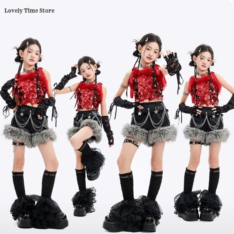 Hip Hop Girls Sequin Crop Top Street Dance Hot Shorts Kids K-pop Shiny Jazz Clothes Sets Children Girl Group Streetwear Costume