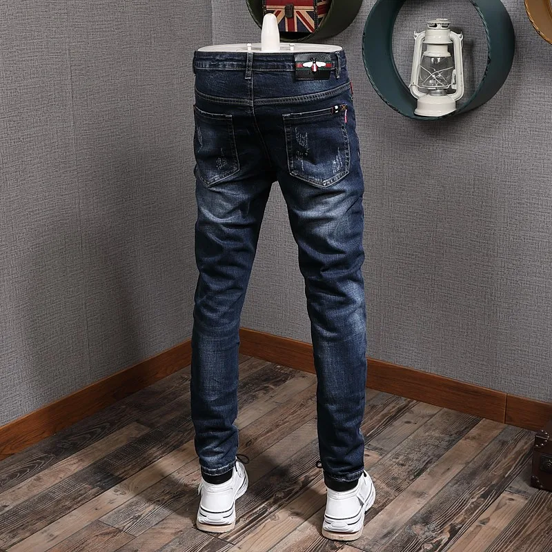 Jeans azul escuro retrô masculino, elástico elástico, rasgado, jeans vintage, calça lápis, estilo coreano, moda estilista