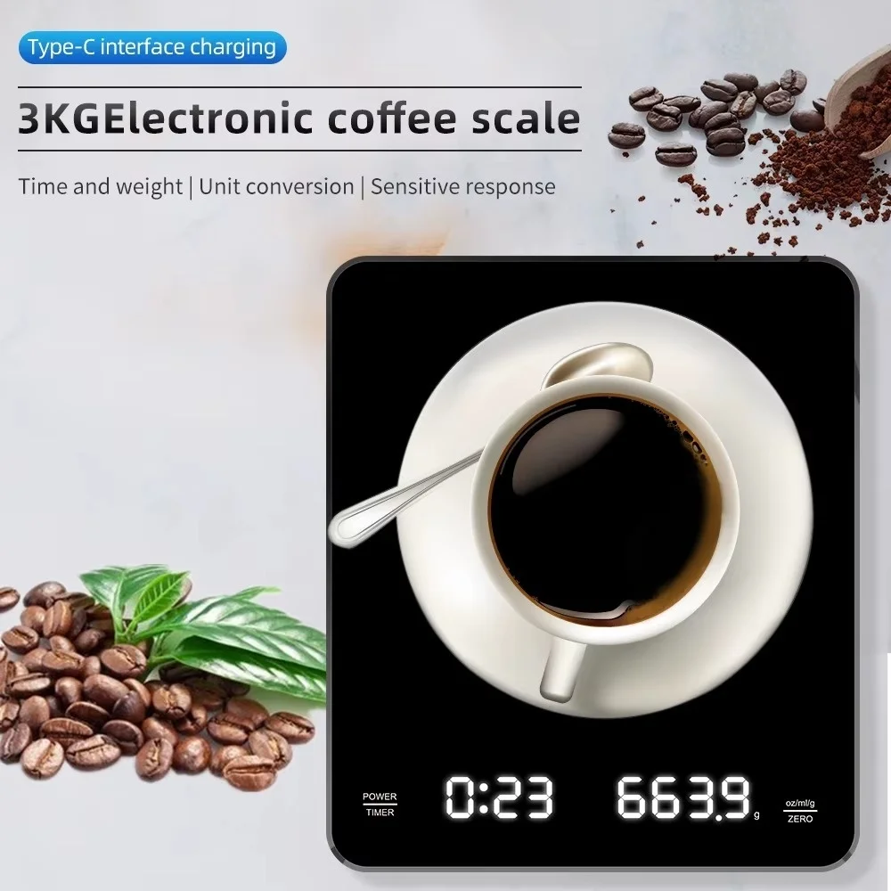 

Digital Scale with Timer LED Screen USB Digital Kitchen Scale Max 3kg 0.1g High Precision Measures in Oz/ml/g Rechargeable Scale