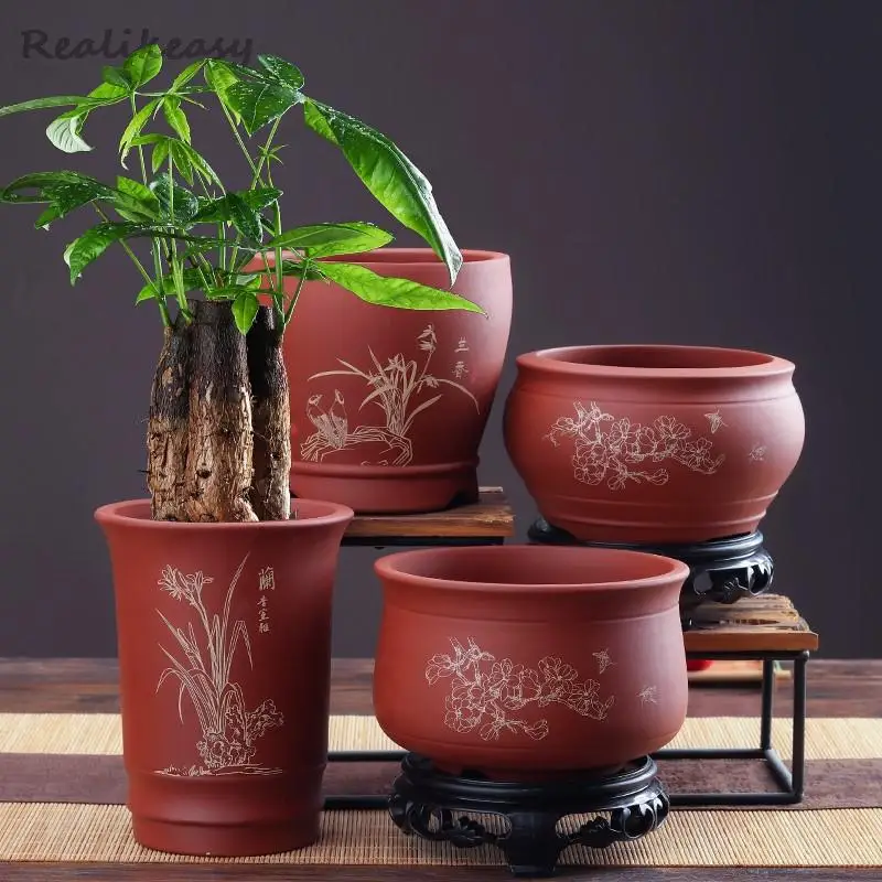 Chinese Ceramic Classical Flowerpot Round Red Pottery Purple Sand Zen Succulent Flowerpot Home Breathable Potted Flower Pot 1PCS