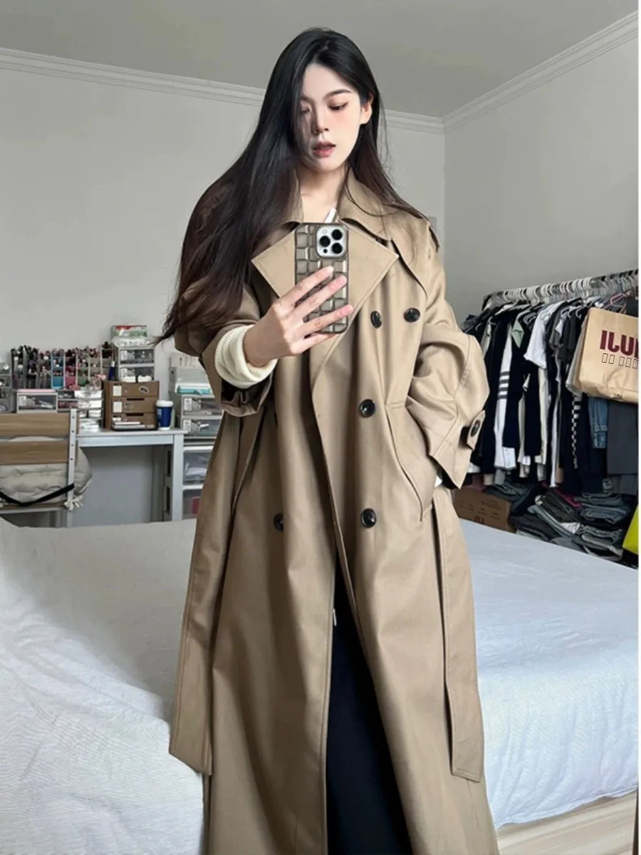 Women's Autumn 2025 Long Trench Coat Khaki Colorous High Waist Silhouette Ele Sle Coat Loose Fit Korean Casual Sle
