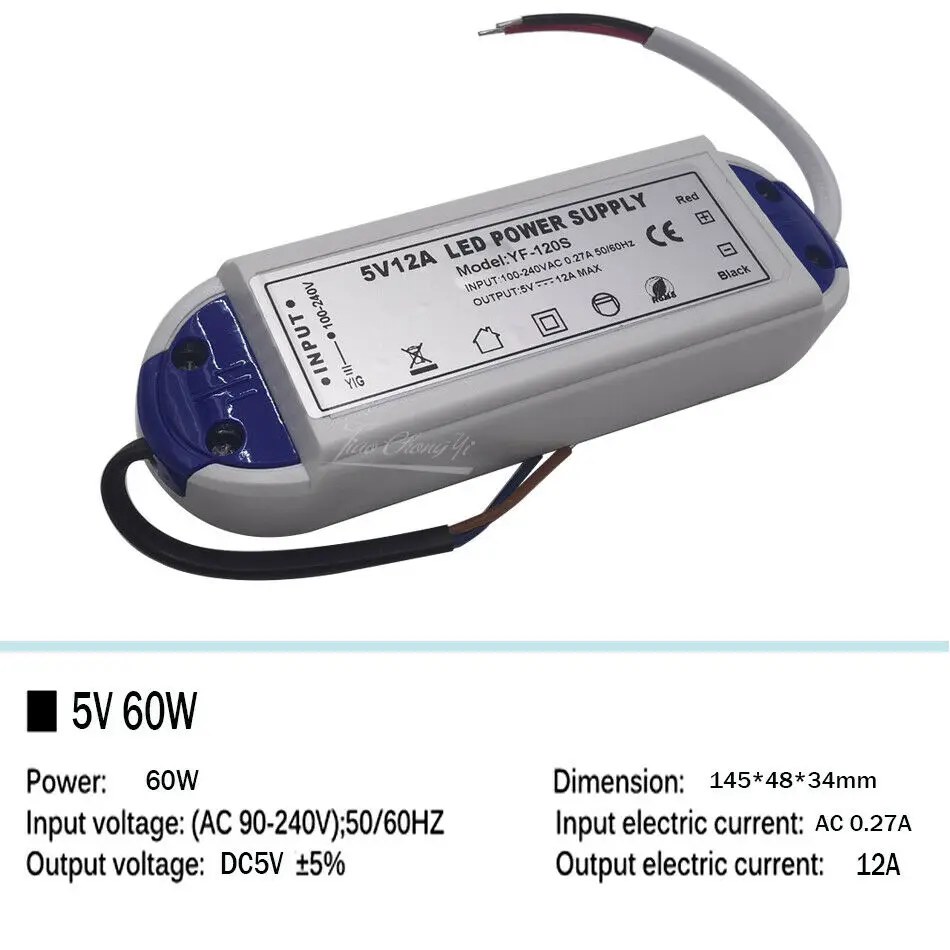 5V Power Supply 12V LED Driver 5 Volt Power Adapter 12 Volt 60W 72W 100W AC 110V 220V to DC 5V 12V 8A 20A LED Strip Transformer