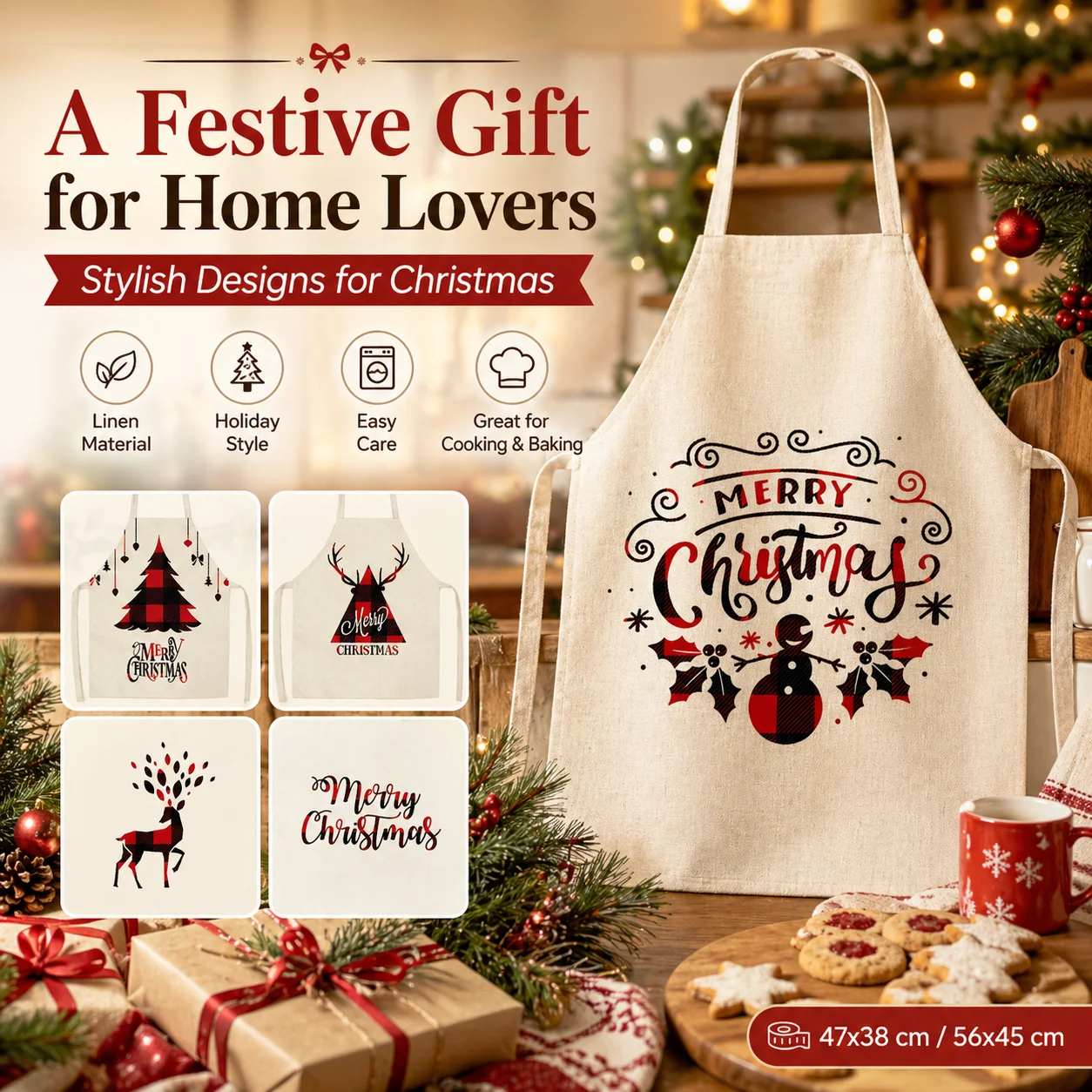 

Linen Christmas Kitchen Apron Buffalo Plaid Tree Reindeer Print Sleeveless Chef Pinafore for Home Cooking Baking Party Bib