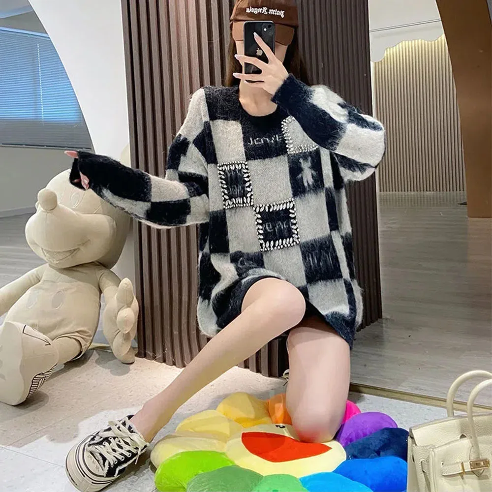 

Fashion Knitted Sweaters Jumpers Women Oversized Pullovers Ladies Winter Loose Sweater Korean Style Diamond Women Warm Knitwears