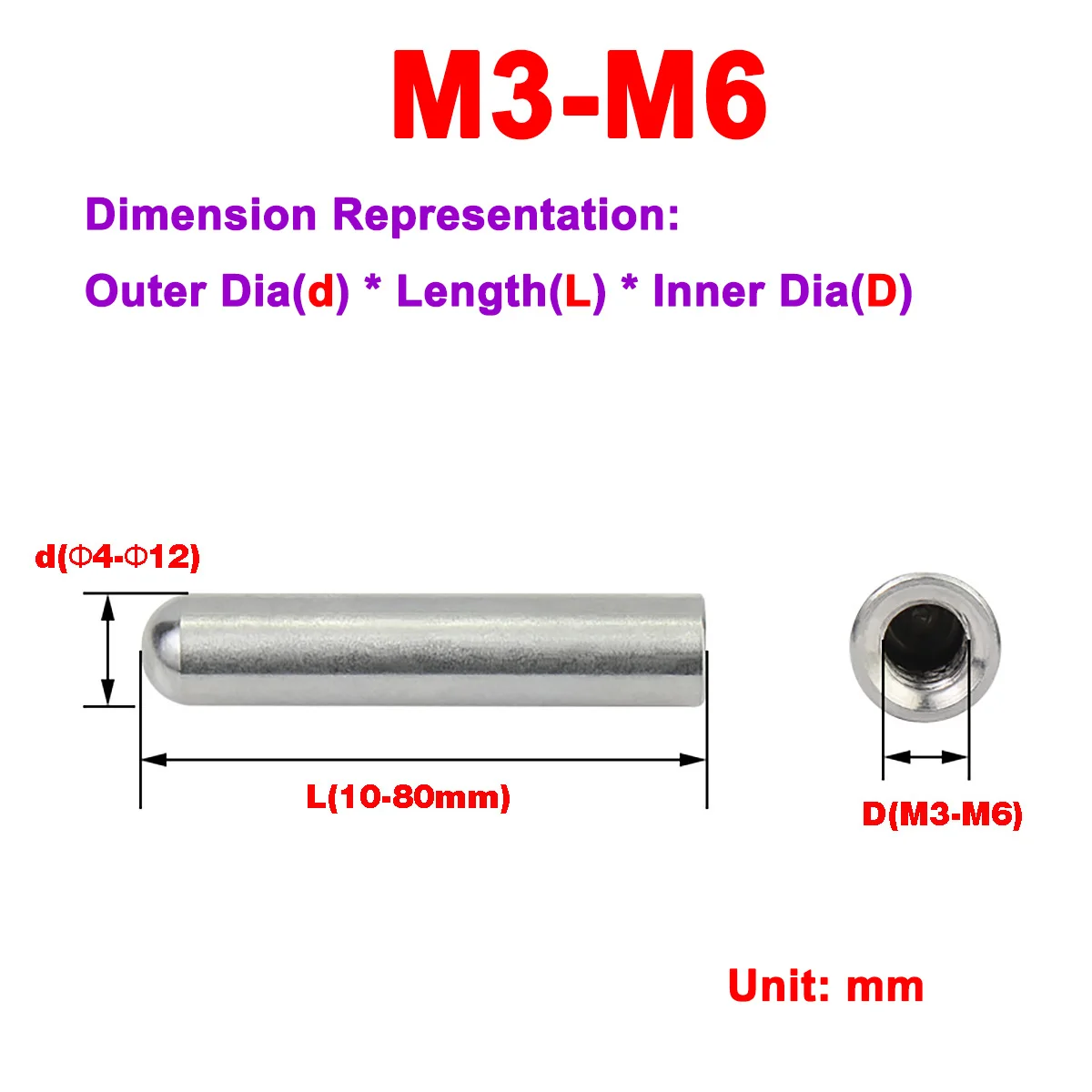 Stainless Steel Internal Thread Round Head Cylindrical Pin Hollow Pin Internal Tooth Hole Pin Positioning Pin M3M4M5M6