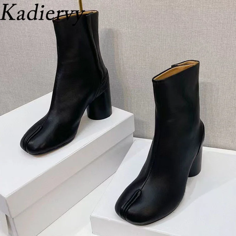 Split Toe Ankle Boots For Women Round Heels Runway Shoes Women Genuine Leather High Heels Short Boots Woman Botas Mujer