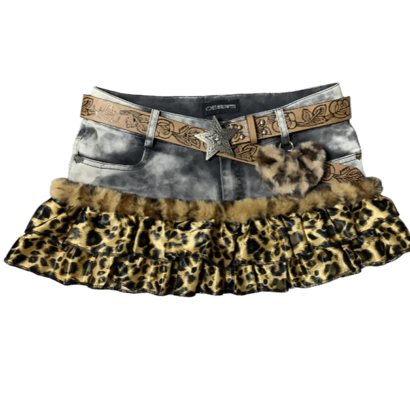 

Spicy Girl Denim Leopard Print Splicing Y2k Skirt Kawaii Gothic Mini Pleated Skirt Waist Belt Low Rise Casual Streetwear Skirts