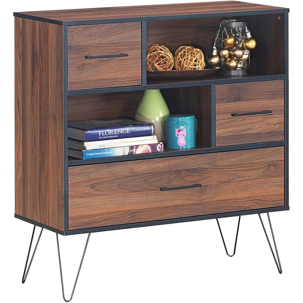 

3-Tier Storage Cabinet, Wood File Cabinet with Drawers & 4 Metal Legs, Free Standing Display Bookshelf, Storage Bookcas