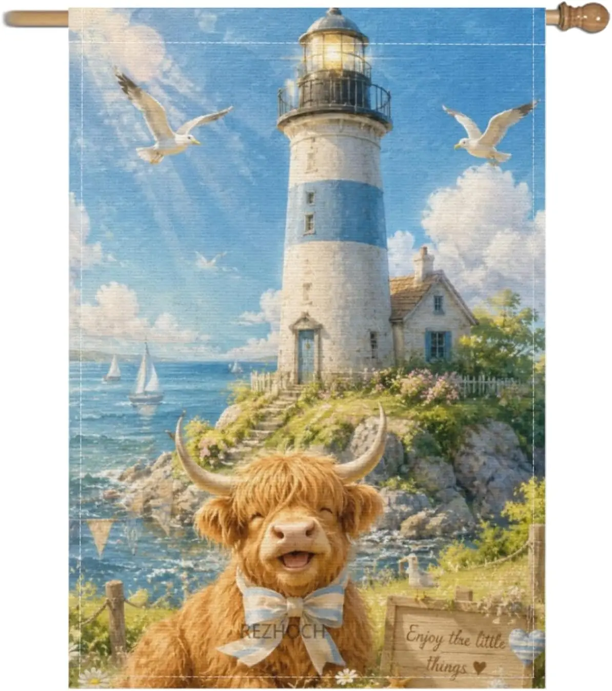 Fun Highland Cow Lighthouse Welcome Garden Flag 28x40 Inch,Cute Ribbon Animal Coastal Watercolor Outdoor Yard Decor,Seagulls MMZ