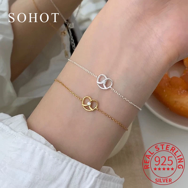 

Real 925 Sterling Silver Zircon Minimalist 14k Hollow Ajustable Bracelet for Charm Women Cute Fine Jewelry Food Accessories