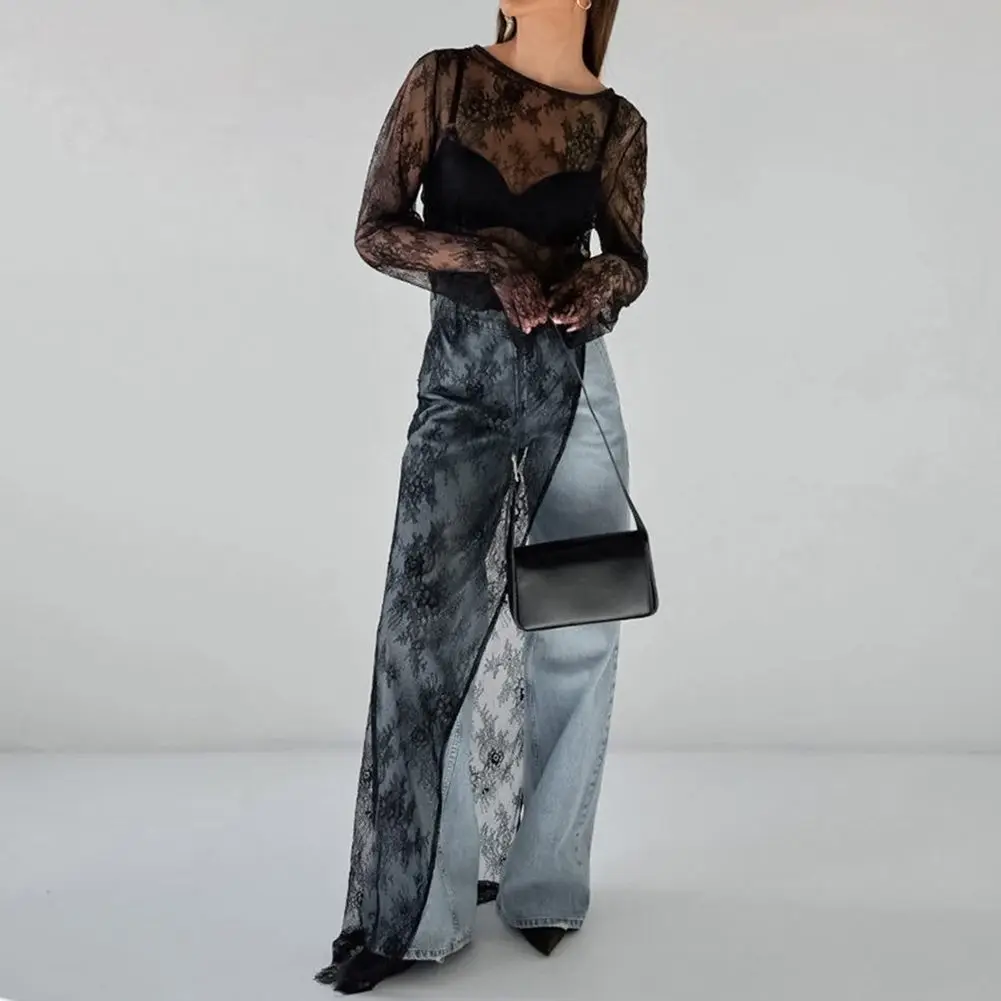 Women Perspective Sexy Long Sleeve Irregular Lace Dresses Fashion High Street All-match Long Pullover O-Neck Long Blouses