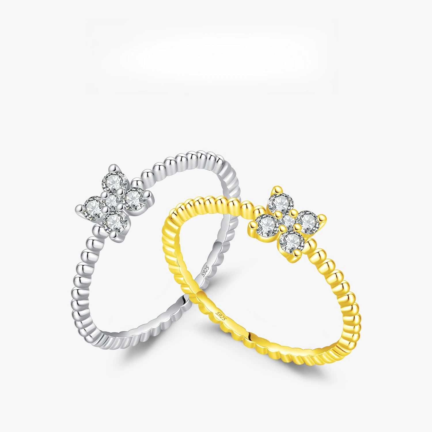 

D Color Moissanite S925 Sterling Silver Dainty Fairycore Chinese Style Clover Sparkling Two-Tone Ring for Women