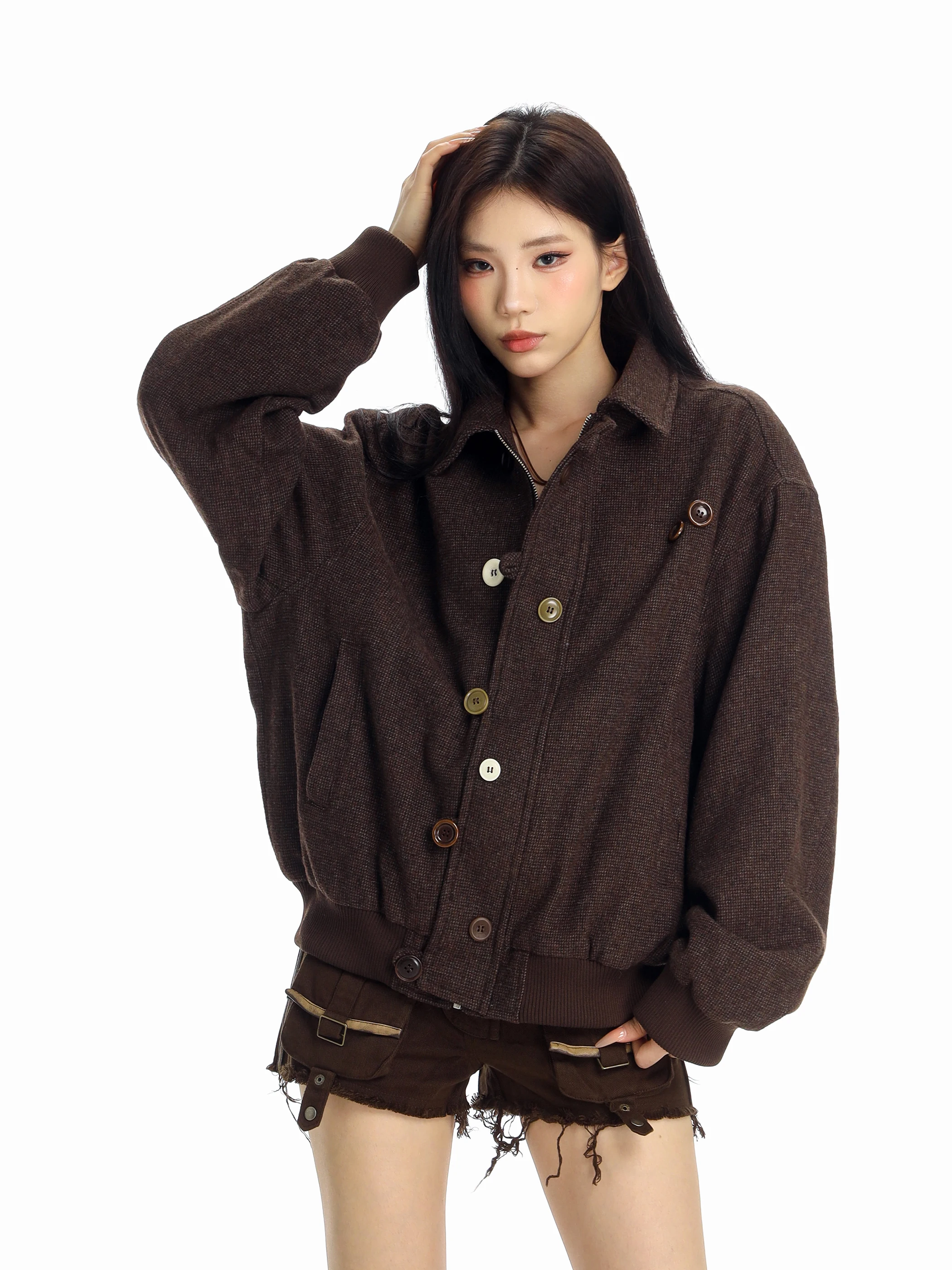 

Винтажная свободная рабочая куртка для женщин с декоративными пуговицами и отложным воротником, повседневная верхняя одежда, модное трендовое пальто