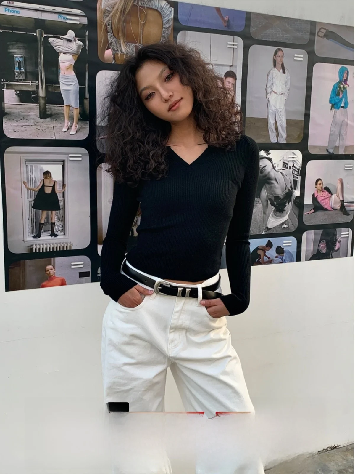 

Женский облегающий трикотажный топ с V-образным вырезом и длинным рукавом, новинка раннего лета, уличный стиль