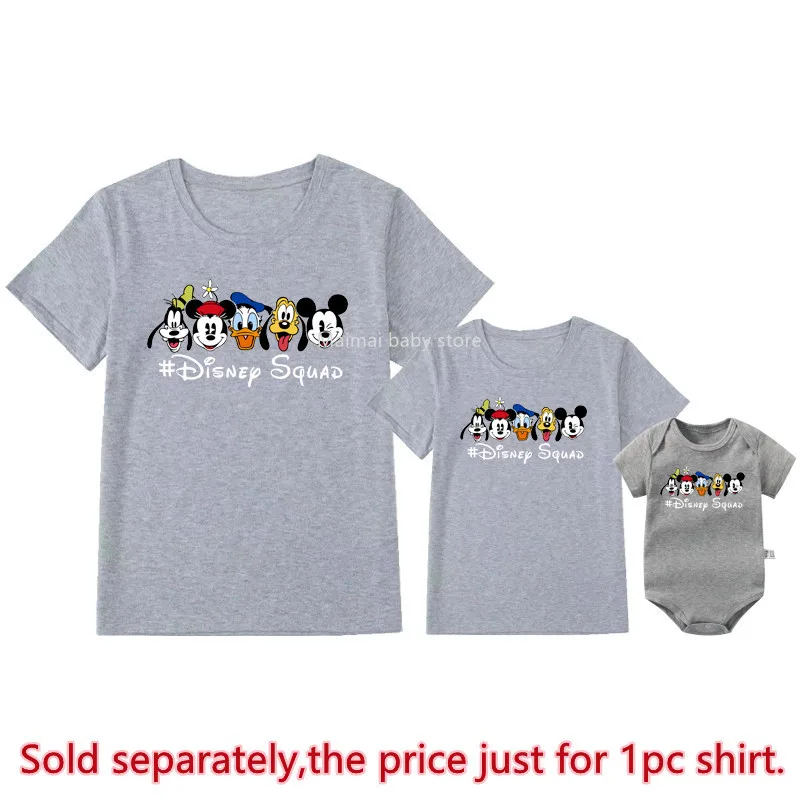 New 2025 Disney Squad Print Family Matching Shirts Cotton Dad Mom Kids Tshirt Baby Rompers Mickey Ears Family Look Outfits Gifts