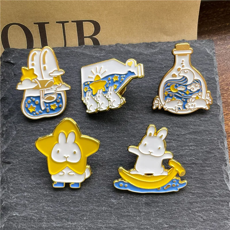 White Rabbit Star Enamel Pins Cartoon Bunny Sea Wave Wishing Bottle Banana Boat Lapel Brooch Clothes Bag Badge Gift Jewelry