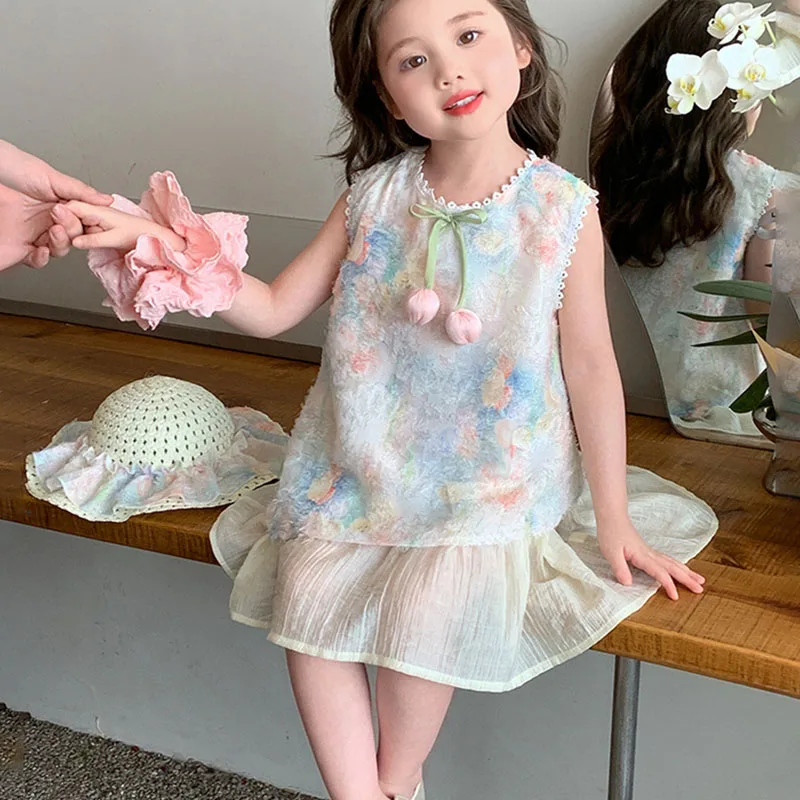 

Summer Dress Light Color Princess Dress Embroidery Tulip Flower Vest Dress Children Leisure Tulle Dresses Kids Birthday Gifts