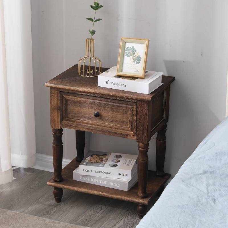 Solid Wood Vintage French-Style Distressed Bedside Cabinet Nightstand with Side Storage Drawer Home