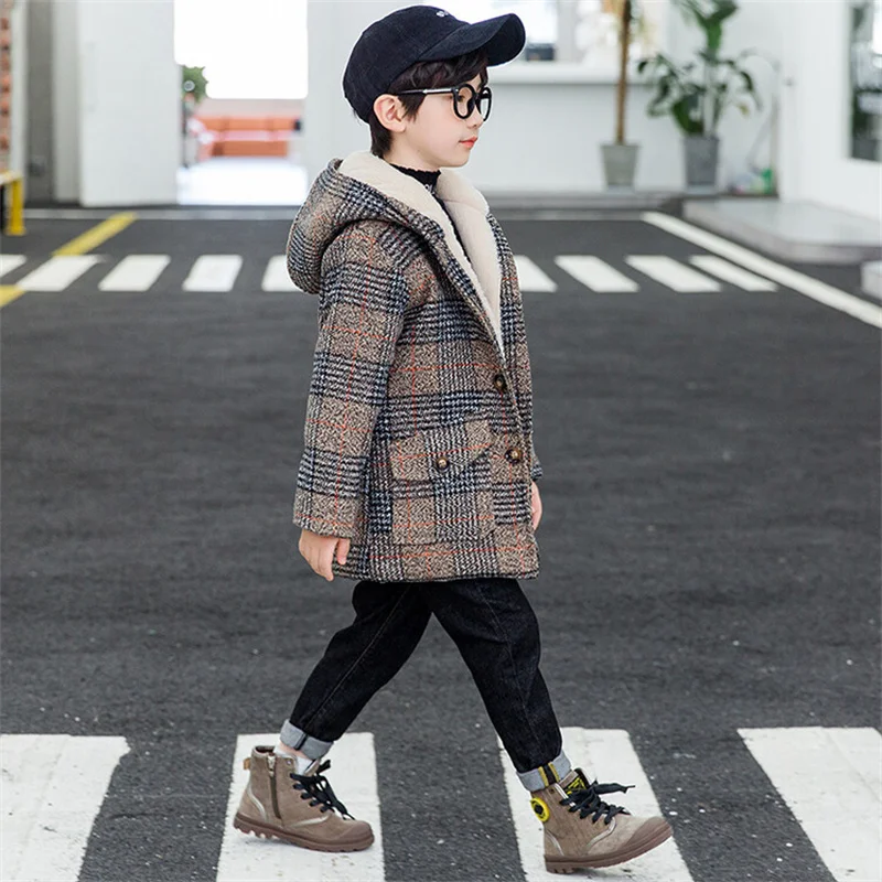 Boys Woolen Coat Overcoat Jacket Windbreak 2024 Furs Warm Plus Thicken Autumn Winter Cotton Christmas Gift Children\'s Clothing