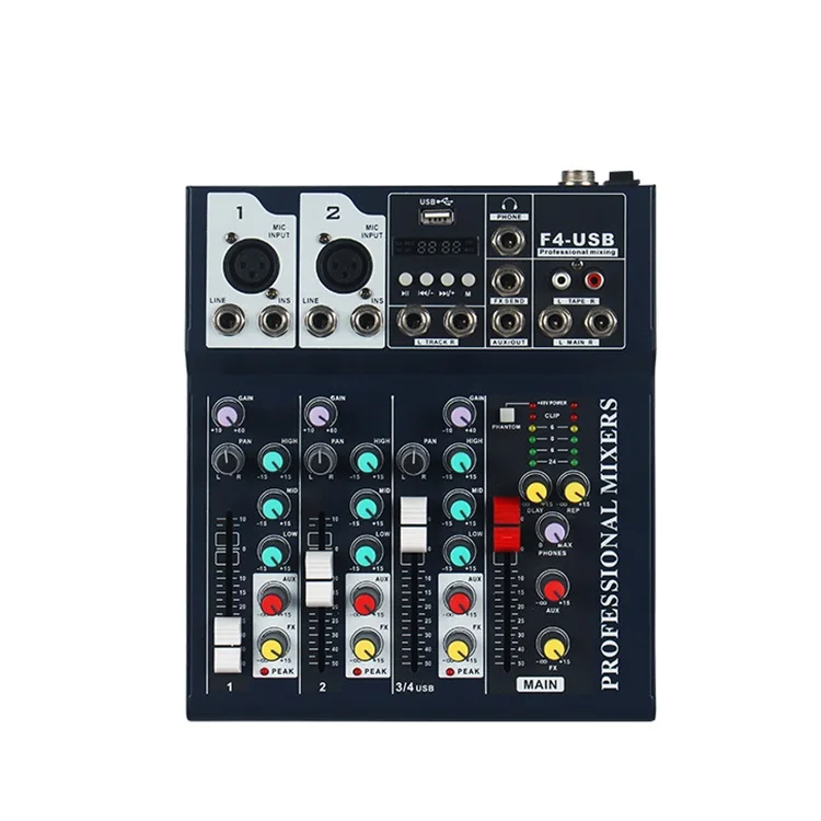 

F4 4 Channel Audio Mixer Sound Professional Mixing Console with Blueteeth USB Recording 48V Phantom Power