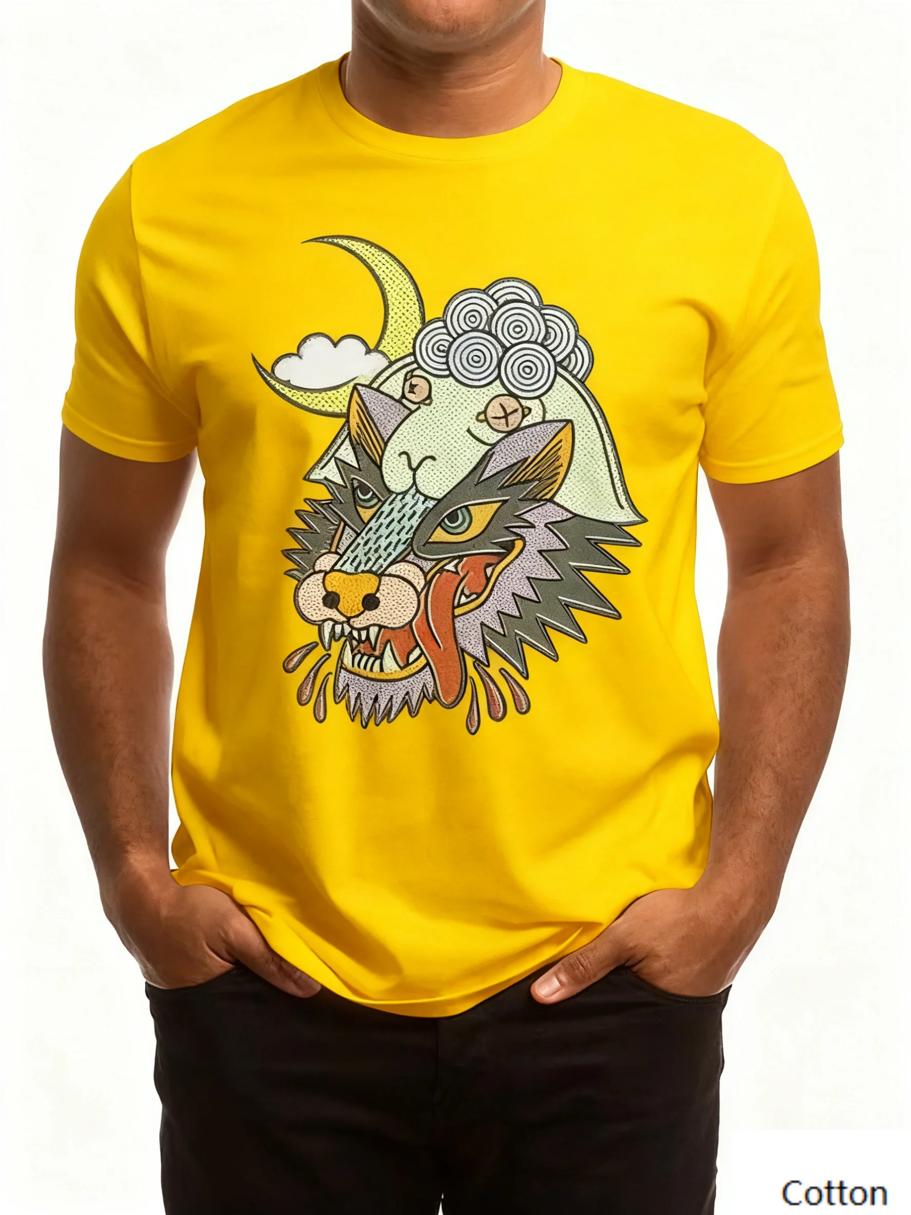 Хлопковая футболка с круглым вырезом Nostalgic Fantasy «Vintage Moon Wolf Feel» с креативным принтом волка, полумесяца