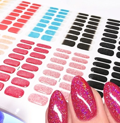 16 puntas de pegatinas para uñas semicuradas brillantes, rosas, purpurina, Gel UV de larga duración, láminas para uñas, cobertura completa, Gel de extensión LED, láminas para uñas