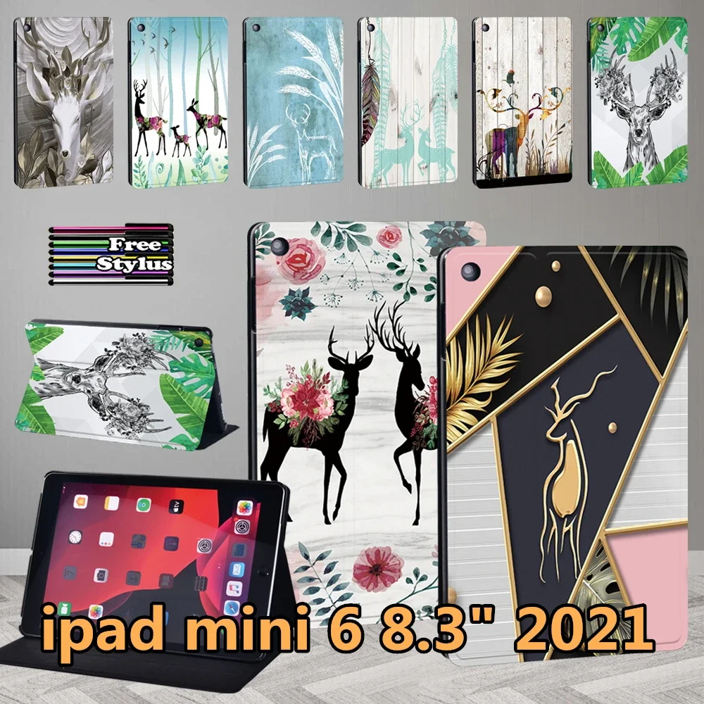 

For IPad Mini 6 A2567 A2568 A2569 Case Funda Apple IPad Mini 6 2021 8.3" Leather Deer Pattern Pencil Holder Protective Cover