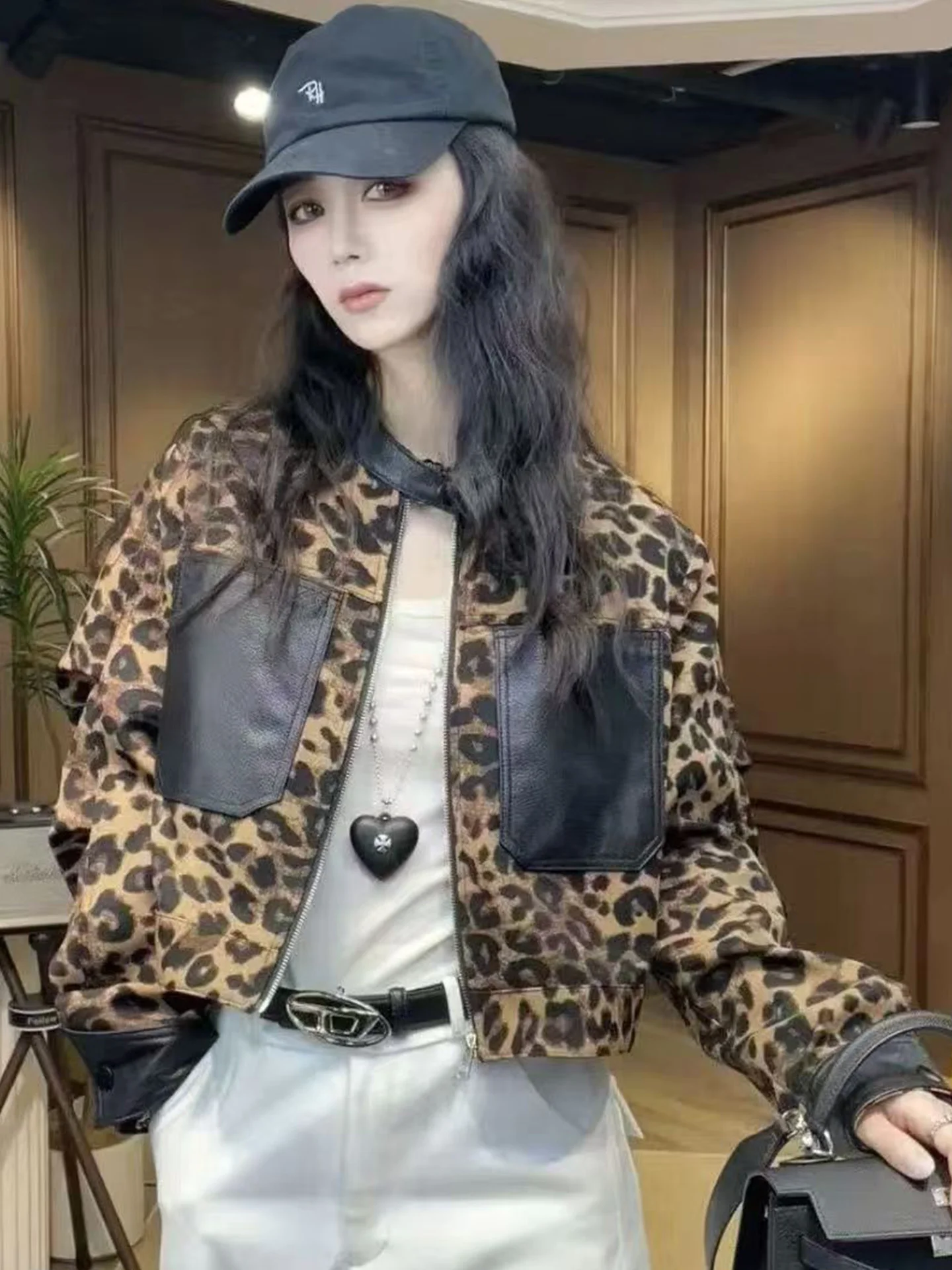 

Slim Fit Leopard Print Jaet Women's Faionable American Retro Sle with Big kets Spicy Girl ort Coat Casual Top