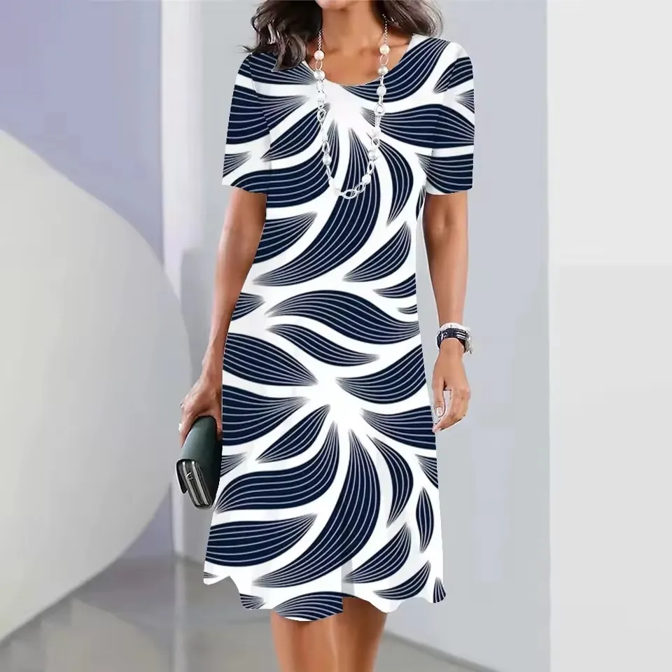 Summer Women's Dresses Fashion Round Neck Short Sleeve Long Simple Striped Printed Casual Women's Clothing Bohemian Style