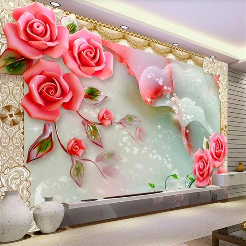 Custom wallpaper fashion 3d photo mural luxury golden white flowers soft pack ball jewelry wall paper square jade carving rose