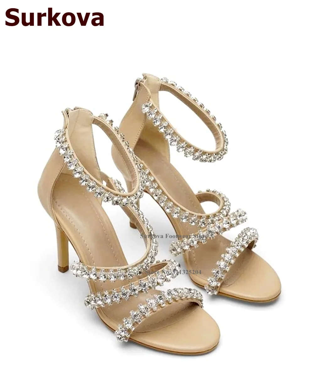 Surkova Silver Crystal Floral Strappy Sandals Women Stiletto Heel Rhinestone Band Glittering Summer Dress Shoes Patchwork Zipped