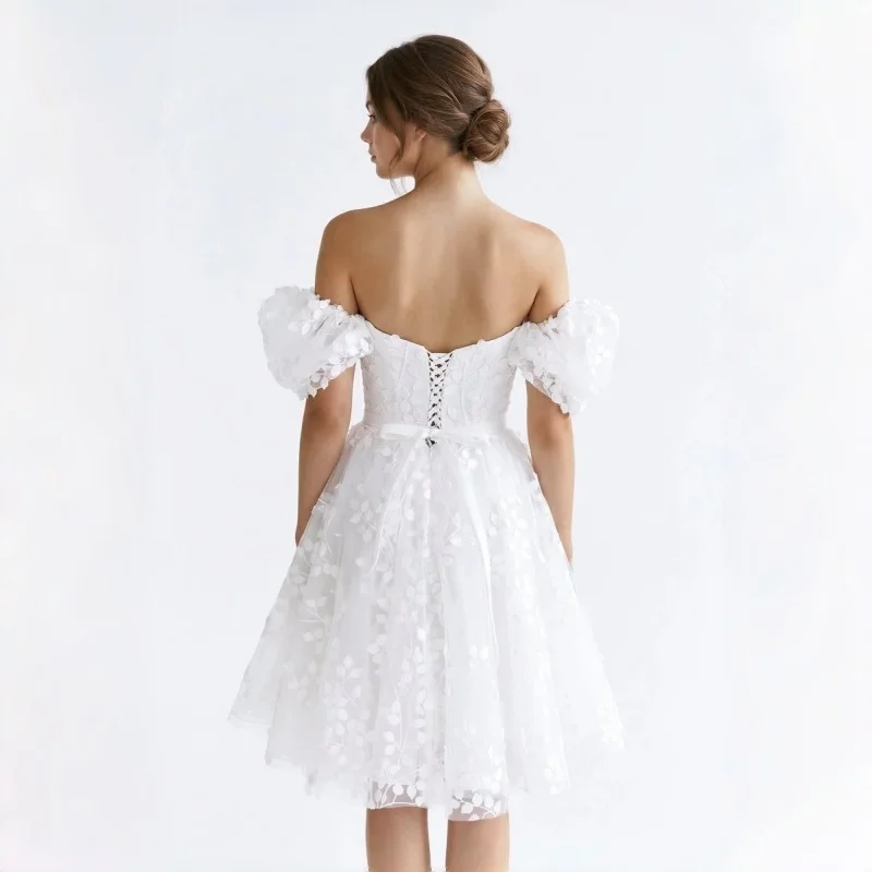Off Shoulder 3D Leaf Tulle Mini Wedding Dress Lace-Up Back With Bow High Waist A-Line Skirt Evening Gowns Customizable