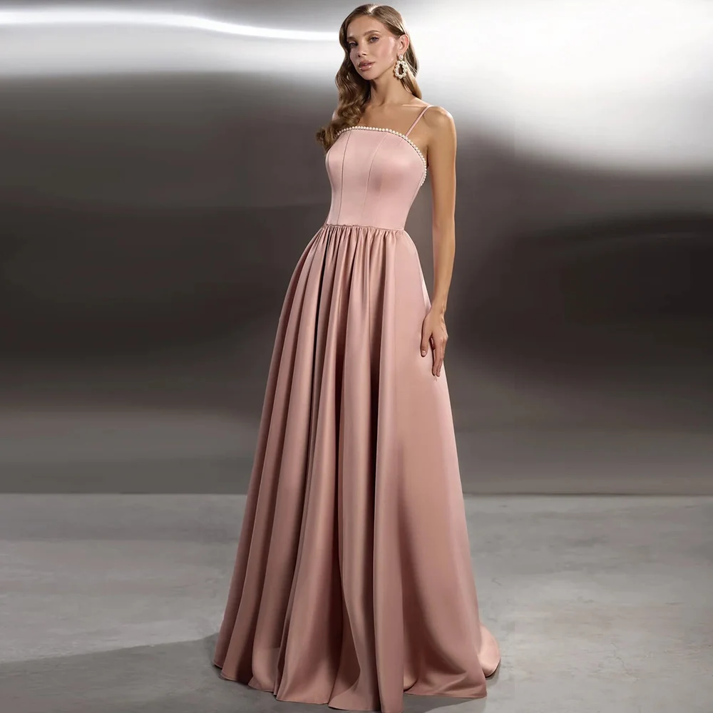 

Rose Pink Women's Evening Ball Gowns Satin A-line 2025 Prom Dress Spaghetti Strap Ruched Pearls Elegant Party Gown Long