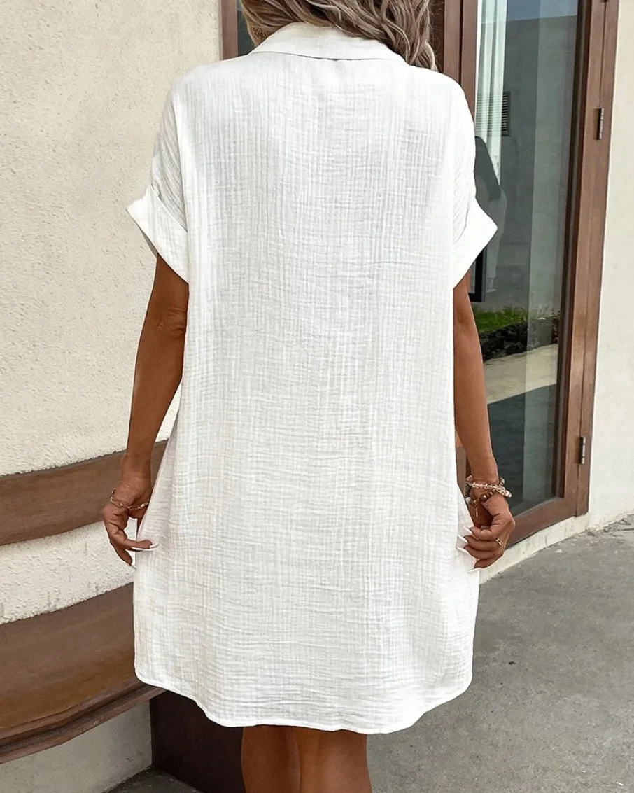 Solid Simple Short Sleeve Dress Women's V-neck Cotton Linen Single Breasted Dress 2025 Summer Fashion Casual Elegant Loose Dress