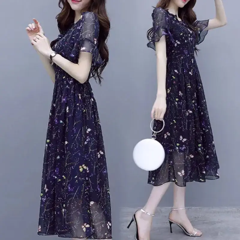 Vintage Printed Bandage Butterfly Sleeve Chiffon Floral Dress Women\'s Clothing 2024 Summer New Commute Midi Dress