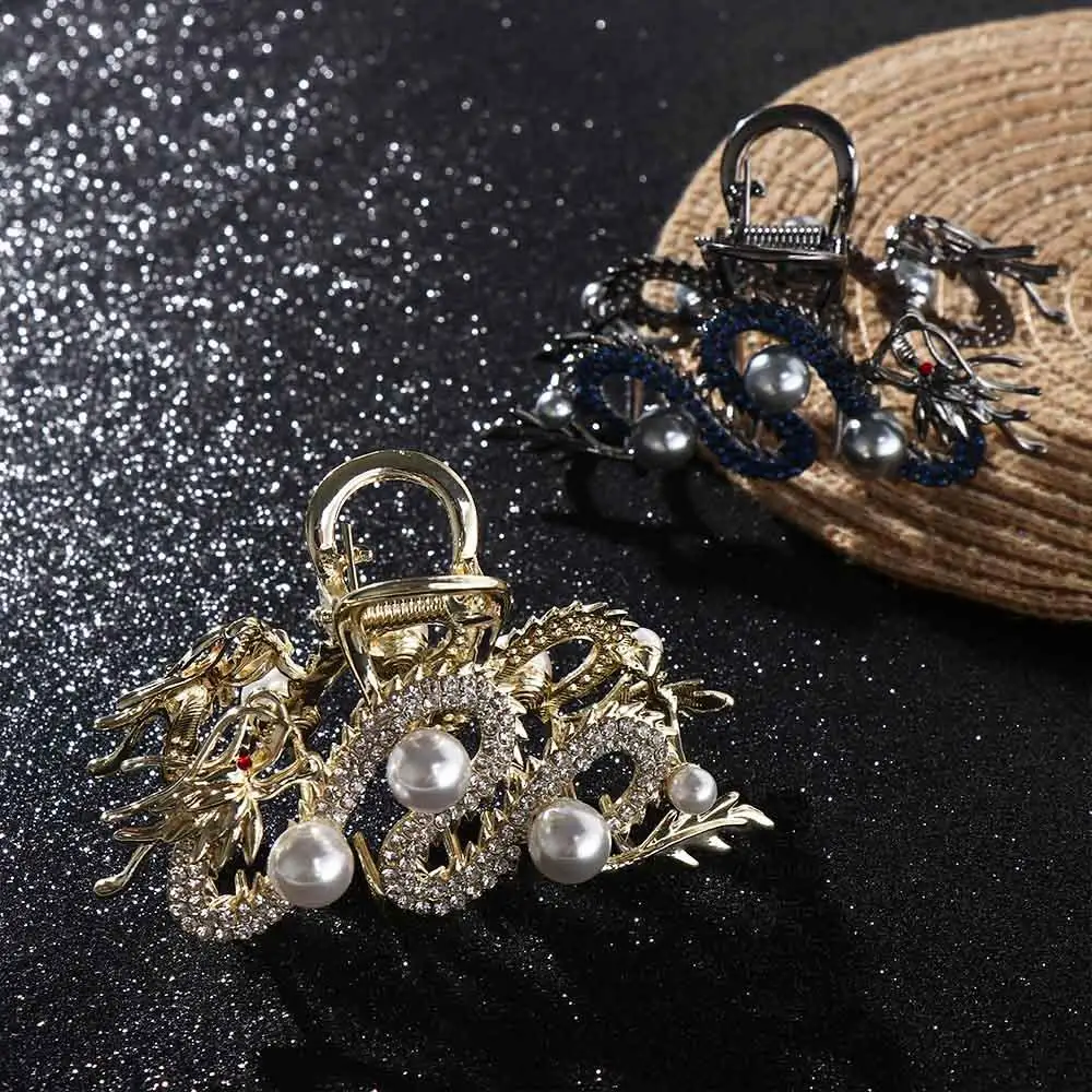 Cute Pearl Zodiac Dragon Hair Claw Hairpin New Year Headwear Animal Hair Clip Grab Clip Headdress Rhinestone Shark Clip Female
