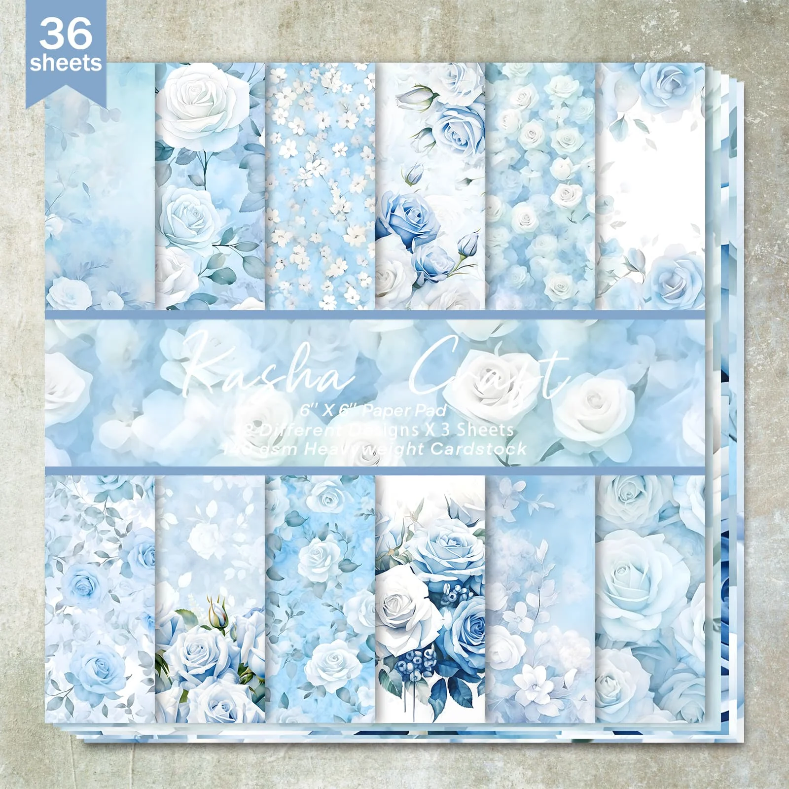 36 Sheets 6inch (White Rose Blue Background) Clipping Thin Paper for Bullet Diary, Junk Magazine, Greeting Card Background